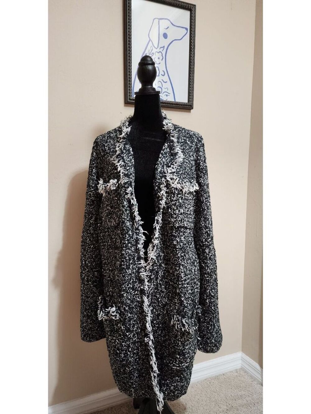 Ann Taylor Women's Black and White Tweed Open Front Cardigan Sweater, Size XL